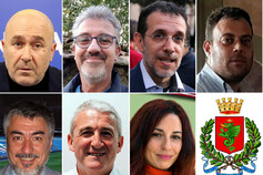 I candidati sindaco di Terni. Prima fila da sinistra Stefano Bandecchi, Paolo Cianfoni, Claudio Fiorelli, Emanuele Fiorini. Seconda fila da sinistra José Maria Kenny, Orlando Masselli e Silvia Tobia