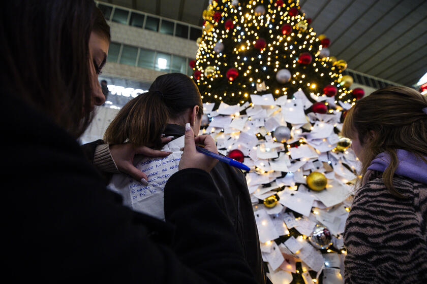 Biglietti affissi all'albero di Natale della stazione Termini a Roma