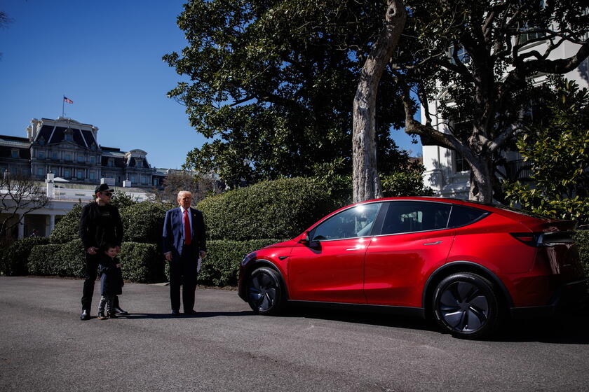 US President Trump views Tesla vehilces in front of the White House