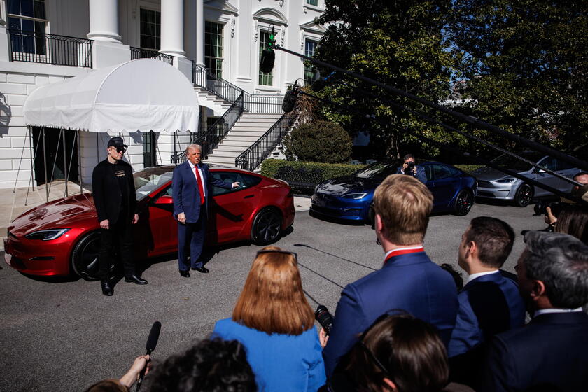 US President Trump views Tesla vehilces in front of the White House