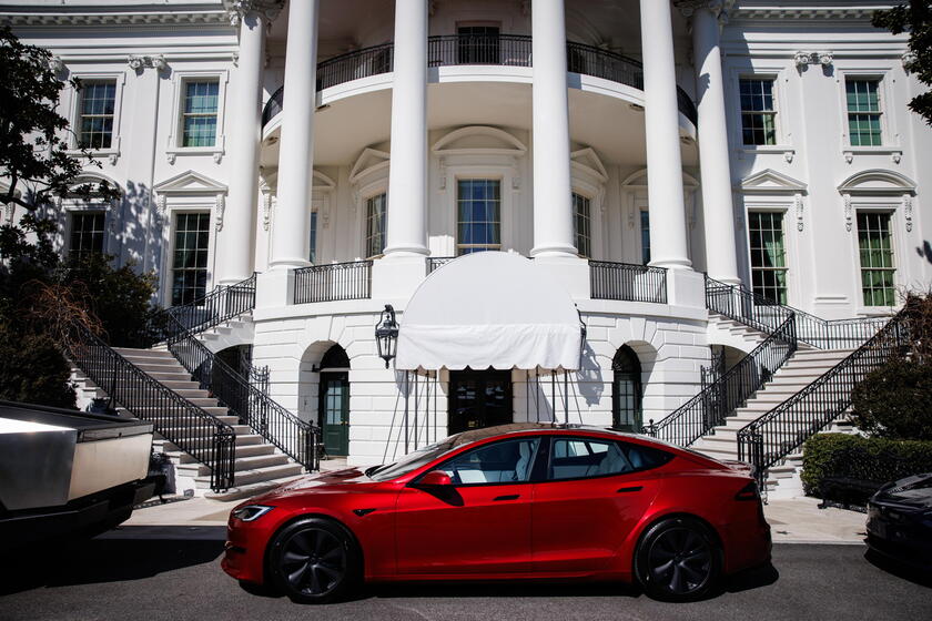 US President Trump views Tesla vehilces in front of the White House