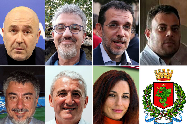 I candidati sindaco di Terni. Prima fila da sinistra Stefano Bandecchi, Paolo Cianfoni, Claudio Fiorelli, Emanuele Fiorini. Seconda fila da sinistra José Maria Kenny, Orlando Masselli e Silvia Tobia - RIPRODUZIONE RISERVATA