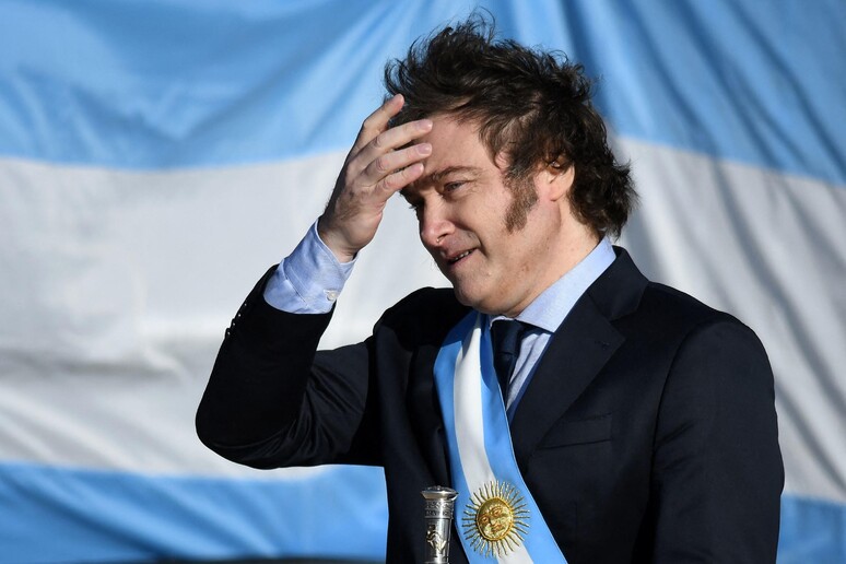 Javier Milei durante celebração em Rosario, na Argentina © ANSA/AFP